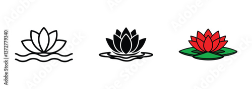 Water Lily Variations Line Art, Black, and Red Lotus Flower