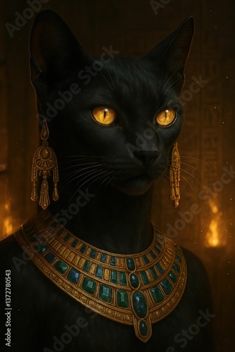 A majestic depiction of Bastet standing at the entrance of an Egyptian temple during sunset. She wears a deep-blue gown and a bejeweled necklace, holding a glowing ankh and a sistrum. Behind her, sphi