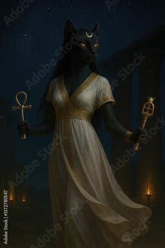 A hyper-realistic close-up of Bastet, the Egyptian goddess, featuring a black feline face with glowing emerald eyes and a serene, mysterious smile. Golden ornaments and blurred hieroglyphs in the back