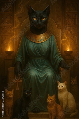 A richly detailed depiction of Bastet seated on a throne, surrounded by sacred cats in an Egyptian temple. Her sleek feline head is adorned with gold, and her turquoise robe glows in the warm light of