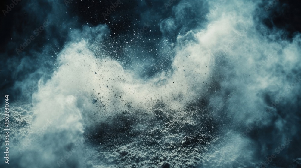 Dramatic explosion of fine dust against a black backdrop creating a dynamic and ethereal atmosphere with a gritty texture and a moody ambiance