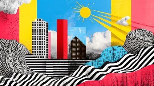 Abstract city landscape with vibrant colors and graphic patterns