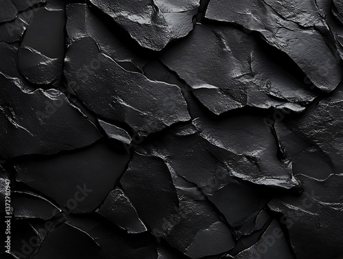 A close up photograph of black fractured and fragmented stone