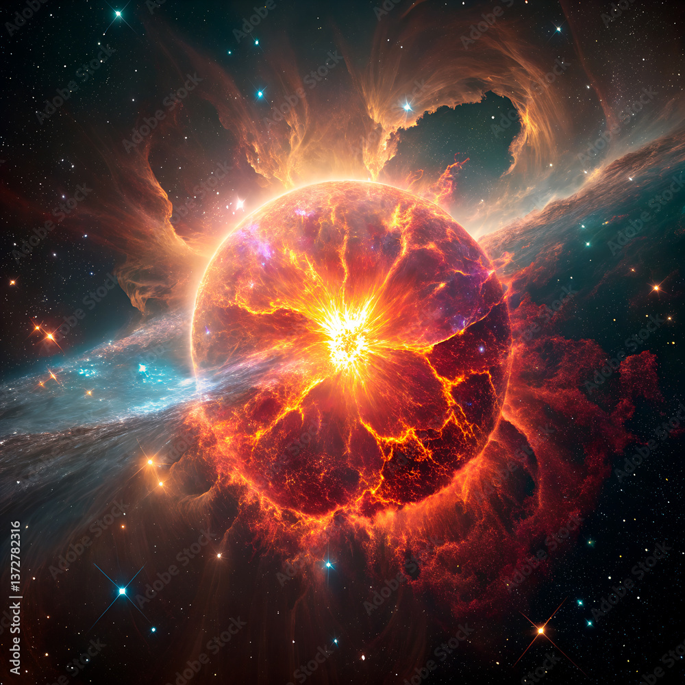 Fototapeta premium A star exploding — a supernova. Fiery ejections and shockwaves radiate from the center. Glowing gases and cosmic structures fill the scene.