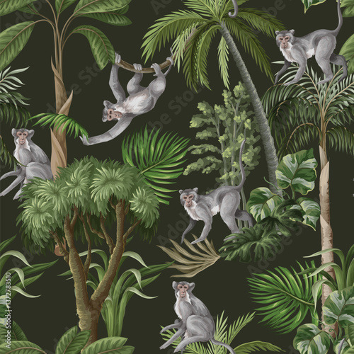 Seamless pattern with monkeys and jungle trees. Vector.