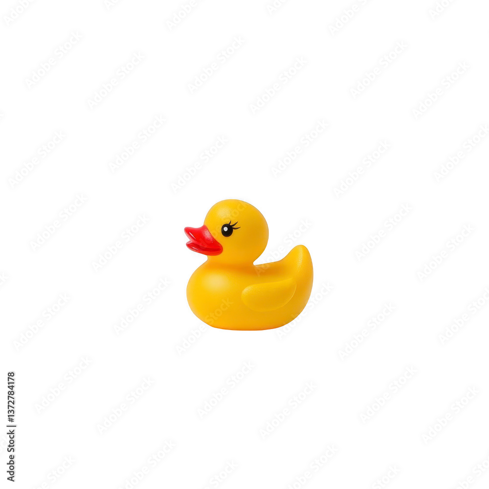 A bright yellow rubber duck with cheerful expression is shown against plain background. duck features classic design with red beak and is often used as bath toy A bright yellow rubber duck with cheerful expression is shown against plain background. duck features classic design with red beak and is often used as bath toy