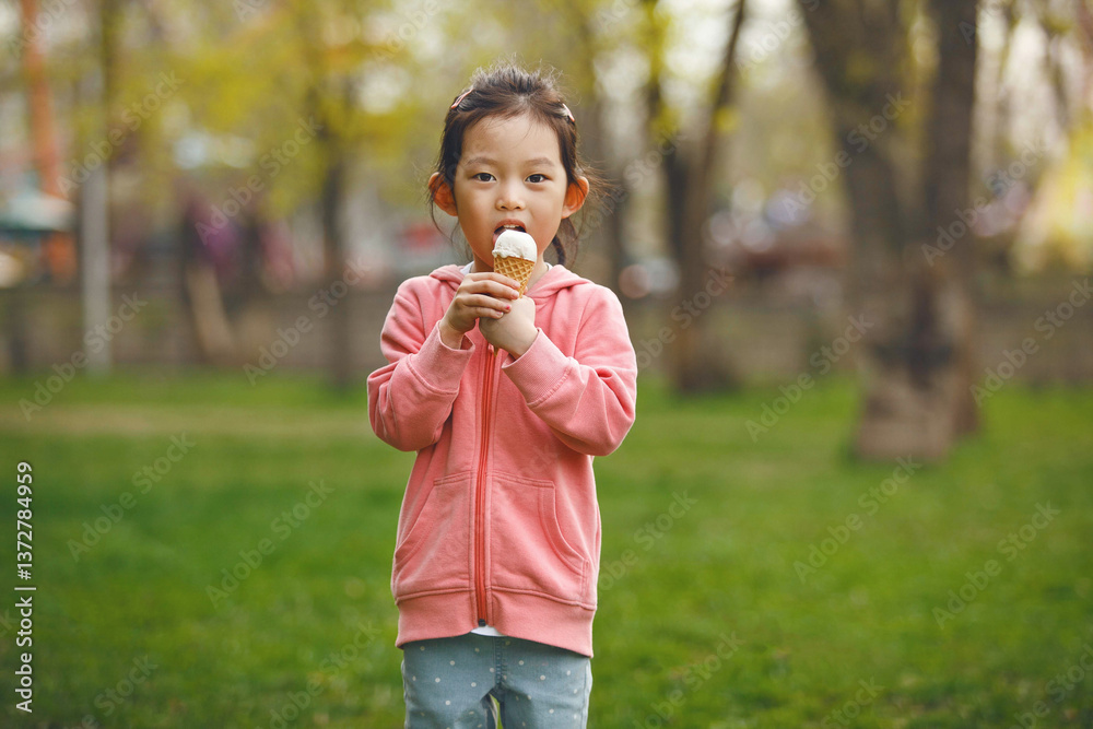 Fototapeta premium Pretty Child Asian Girl Eating Ice Cream in Green Park