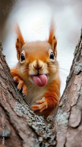 An adorable squirrel displaying its pink tongue on a tree branch
