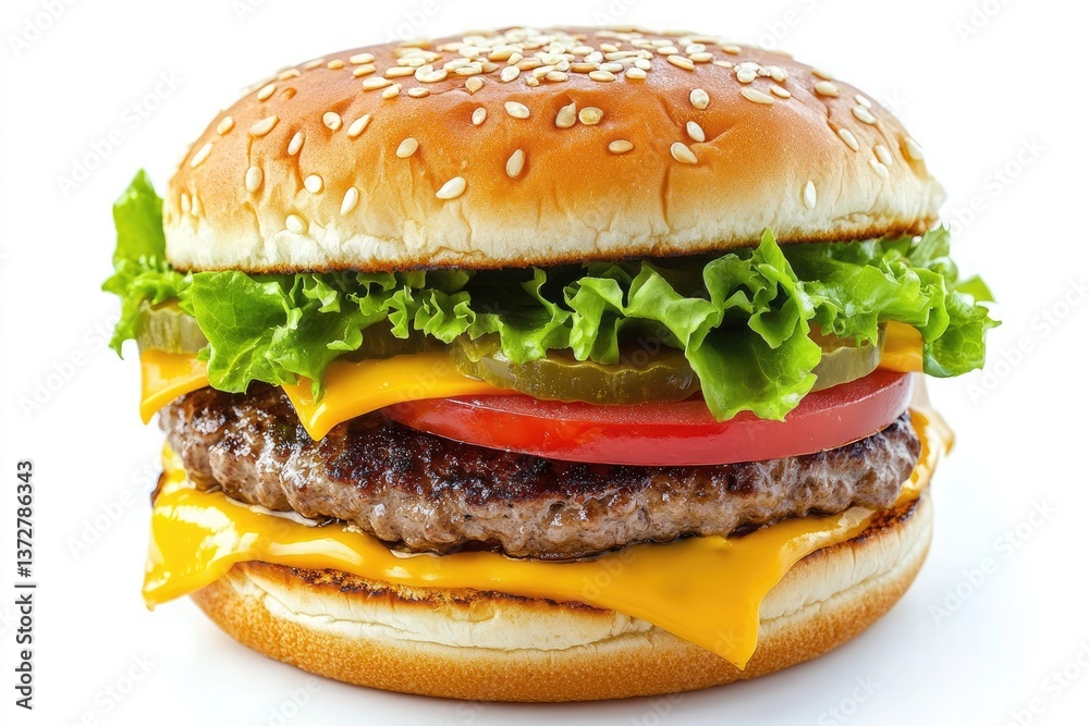 Close-up of a delicious cheeseburger, isolated on a white background Close-up of a delicious cheeseburger, isolated on a white background