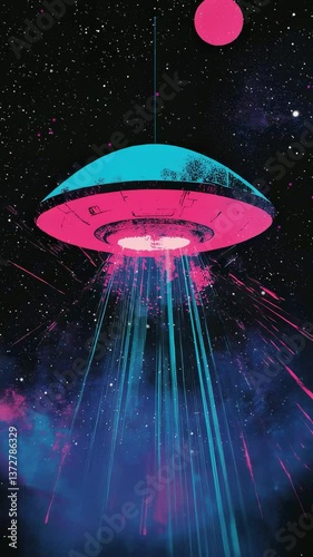 A pink & teal ufo in space.