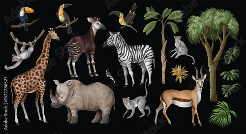 Jungle animals and trees isolated. Palm trees, giraffe, okapi, zebra etc. Vector.
