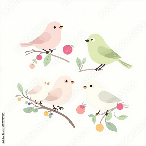 Wallpaper Mural Four birds are perched on a branch with fruit Torontodigital.ca