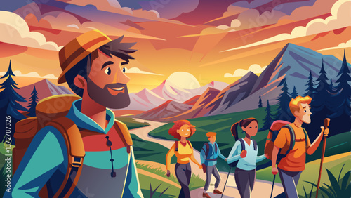 Mountain travel hike people adventure man summer journey tourism group sunset trekking. Hike travel woman mountain walk active backpack nature together sport young trail outdoor tourist hiker .