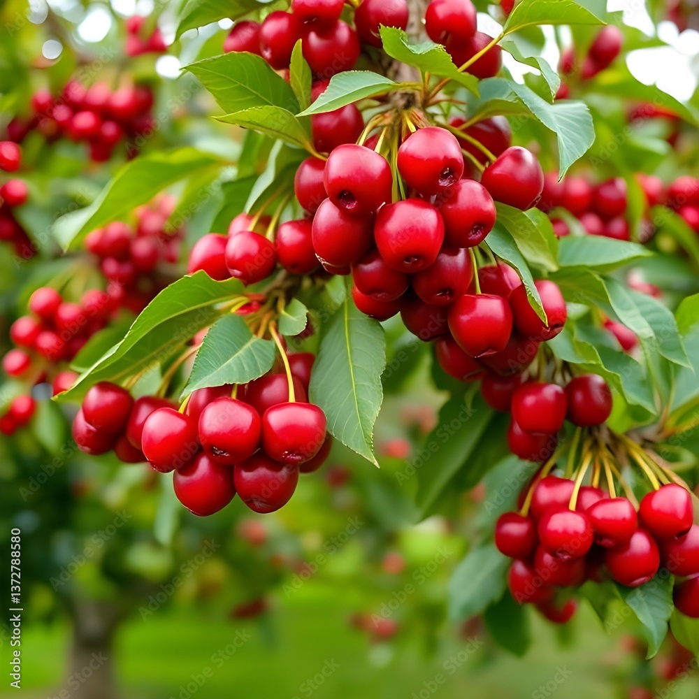 Cherry tree branches with ripe red cherries, in the orchard. Cherry tree branches with ripe red cherries, in the orchard.
