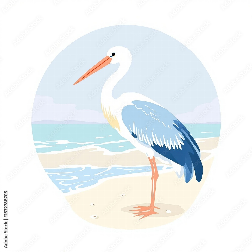 A white and blue bird standing on a beach A white and blue bird standing on a beach