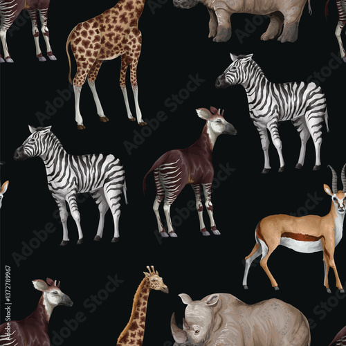 Seamless pattern with jungle animals such as giraffe, okapi, zebra. hippo. Vector.