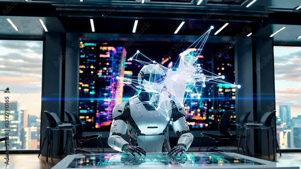 Vidéo d’un robot humanoïde dans un bureau futuriste activant une interface holographique dynamique, concept d’intelligence artificielle cognitive et de visualisation de données en réseau