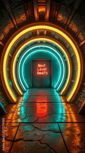A vibrant, futuristic tunnel with neon accents leads to a door that proclaims 