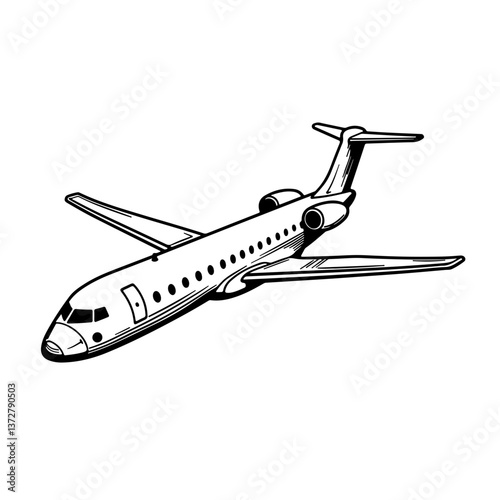 Airplane in flight depicted in black and white vintage illustration style for travel projects flight booking visuals tourism branding and vacation themes