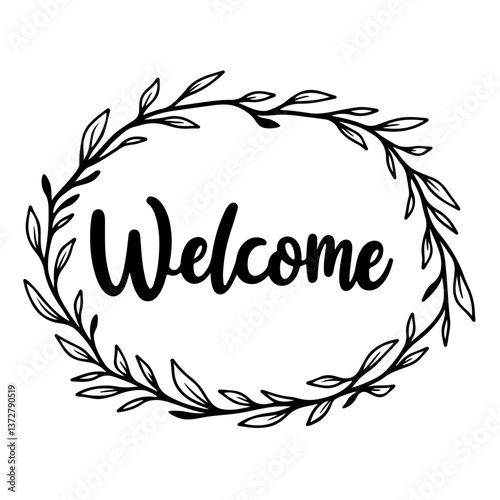 Handwritten welcome message framed with botanical leaves in black and white style perfect for guesthouses travel cards summer stay visuals and hospitality design