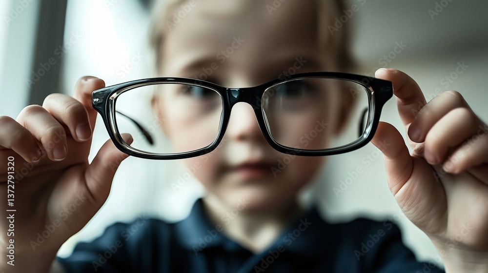 A child, blurred and out of focus, stands in the background, holding a pair of glasses. A child, blurred and out of focus, stands in the background, holding a pair of glasses.