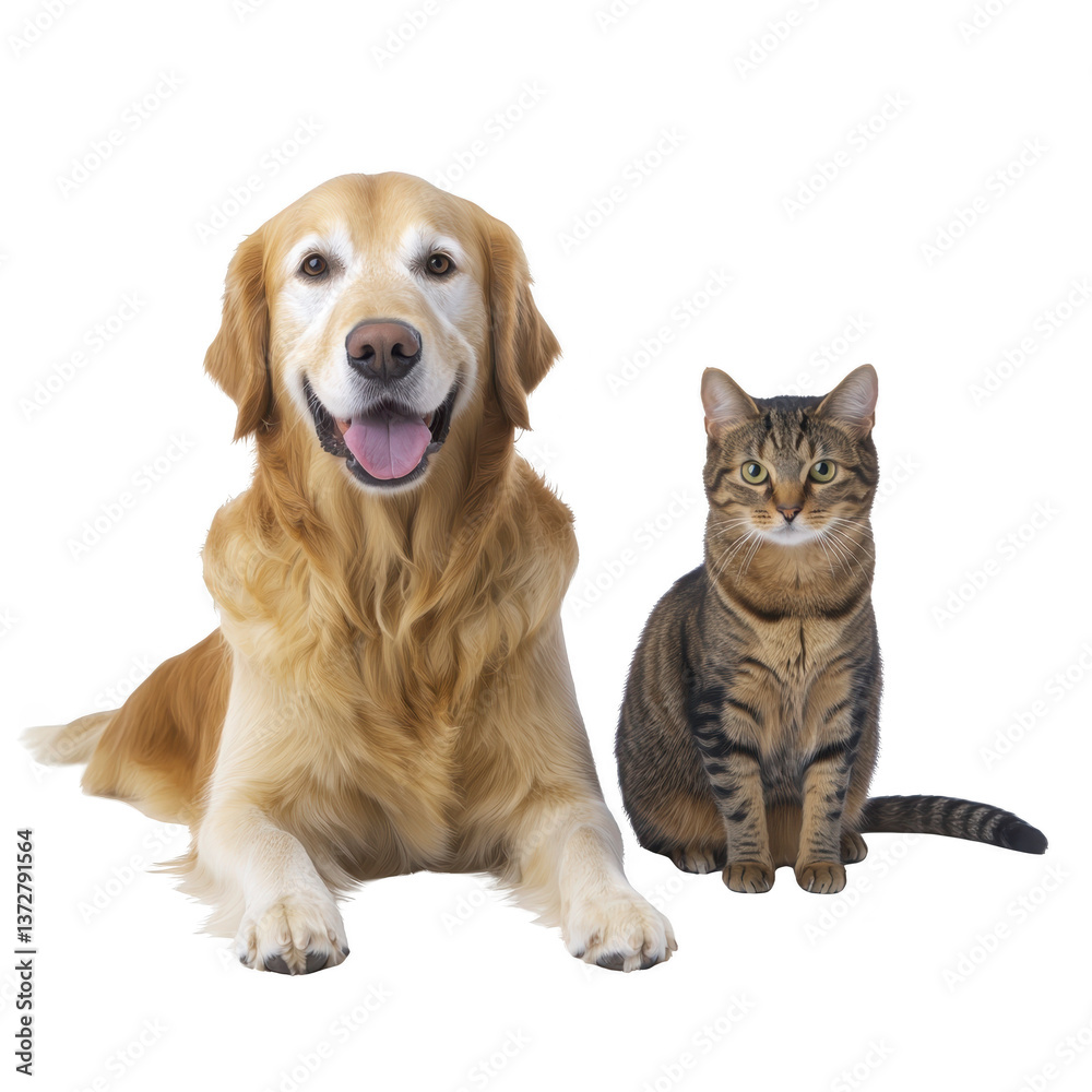 Fototapeta premium A friendly golden retriever and tabby cat sit side by side, showcasing harmonious relationship between pets. dog appears happy with its tongue out, while cat sits calmly