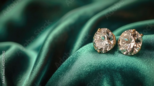 Classic diamond stud earrings in gold on a deep emerald-green velvet fabric.