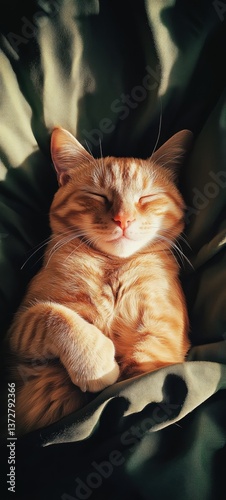 Sleeping ginger kitten wrapped in blanket	 photo