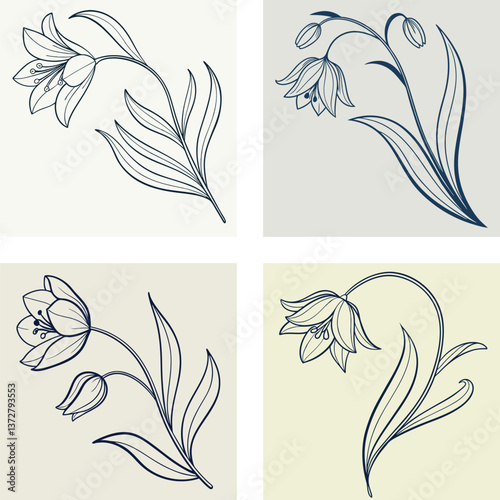 Elegant Single Line Art Flower with Detailed Petals and Stems in Minimalist Style