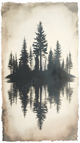 A serene scene of towering trees reflected in calm water bordered with distressed paper edges on a neutral background