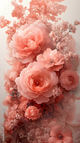 A delicate cascade of peach-toned flowers creates a romantic and dreamy composition featuring roses and other blossoms