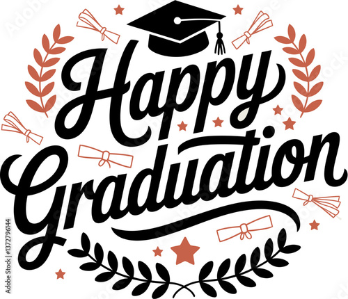Happy Graduation Black Typography – Elegant Hand-Lettered Vector Design