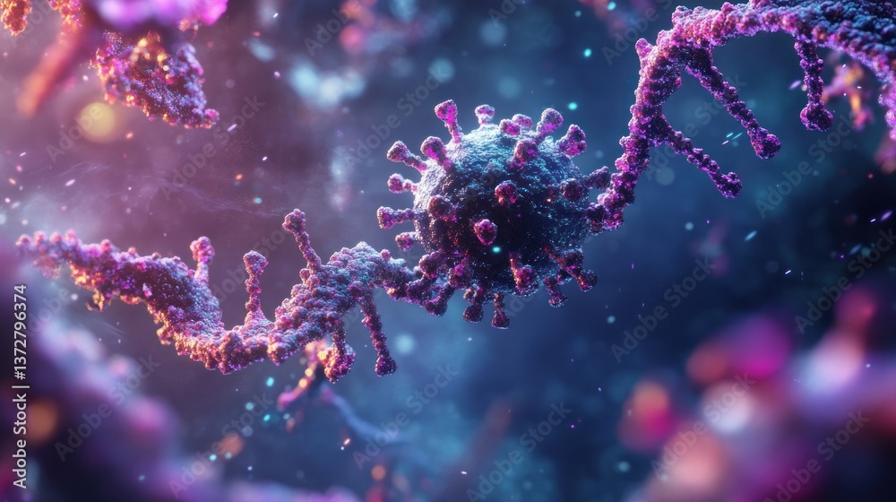 Fototapeta premium Microscopic View of Coronavirus and DNA Strand