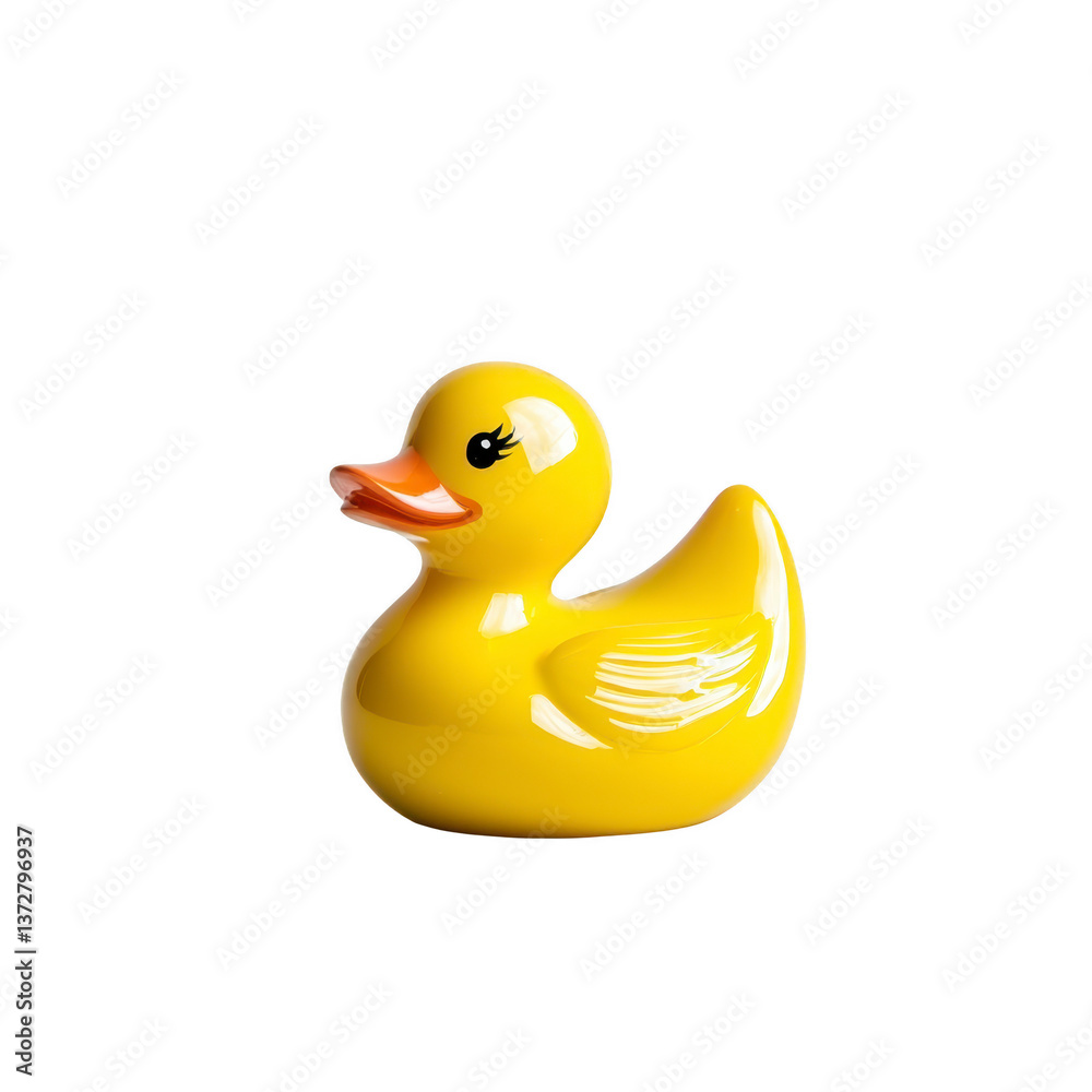 Fototapeta premium A bright yellow rubber duck with orange beak and cheerful expression, isolated on transparency background. duck is glossy and smooth, often used as bath toy for children