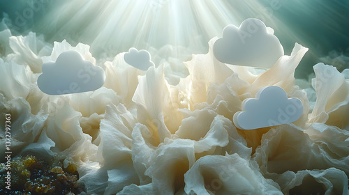 A dreamlike landscape with ethereal lighting and floating cloud-shaped objects over a textural white floral-like surf