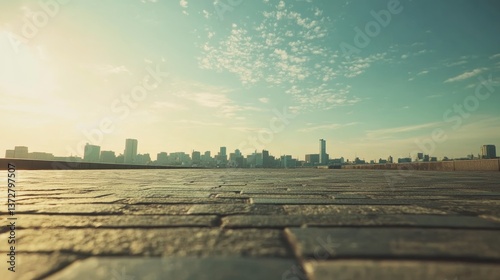 beautiful photo of view of a city from afar showing floor, low camera angle, clear sky with thin subtle clouds, early afternoon sky, natural bright outdoor lighting, cinematic, wide camera lens, super