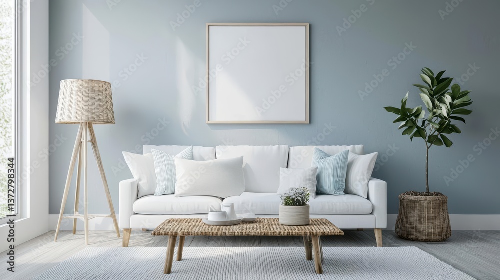 Fototapeta premium Elegant coastalchic living room with soft blues, white furniture, and rattan accents