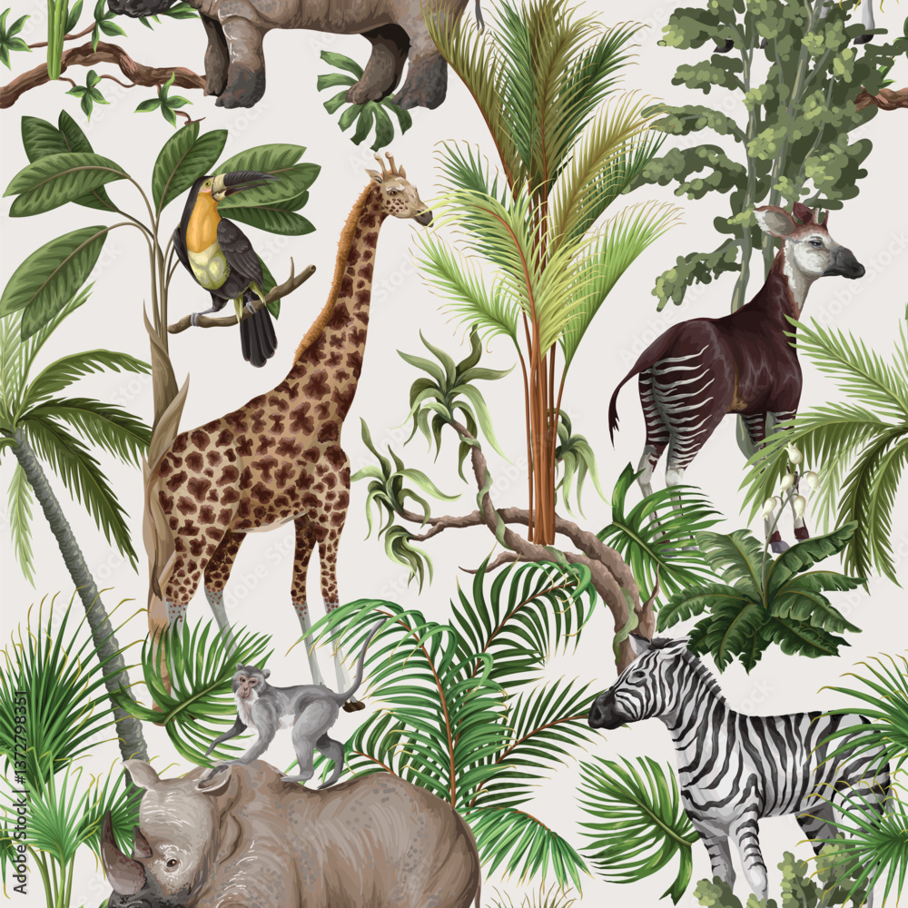 Fototapeta premium Seamless pattern with jungle animals and trees. Palm trees, giraffe, okapi, zebra etc. Vector.