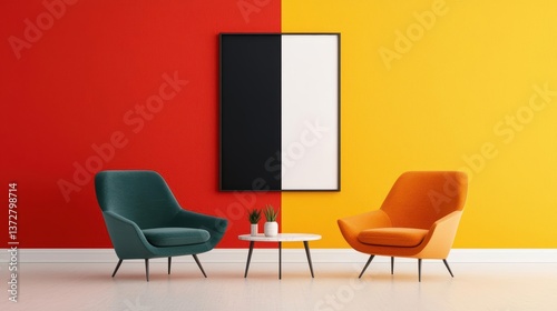 Colorblocked contemporary living room with bold hues, abstract art, and sleek modern furniture