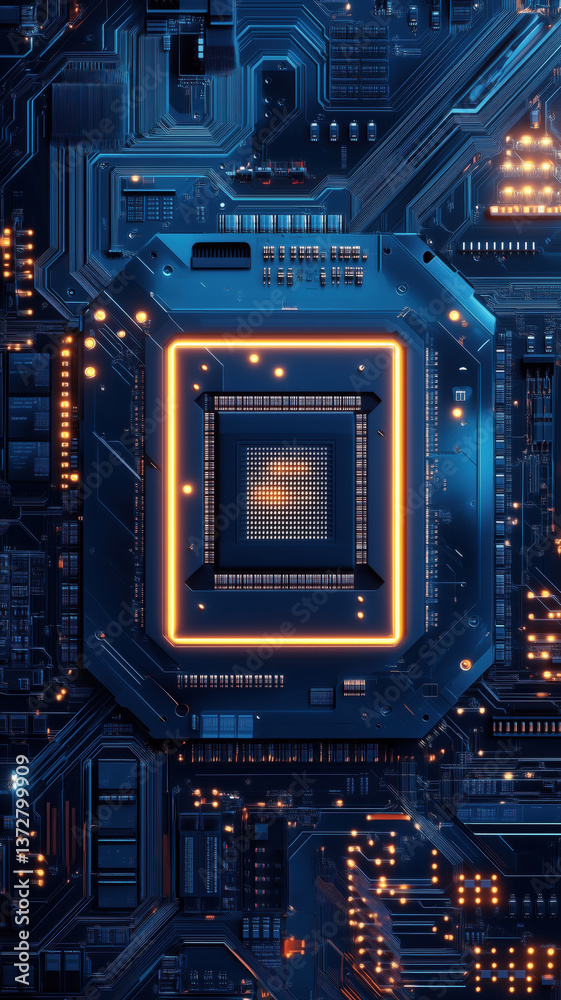 Fototapeta premium Blue and orange neon-lit processor chip design perfect for modern tech lovers.