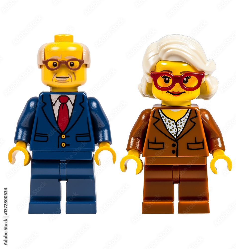 Fototapeta premium Lego figurines, senior businesswoman and businessman. Elderly lady and gentleman, successful people