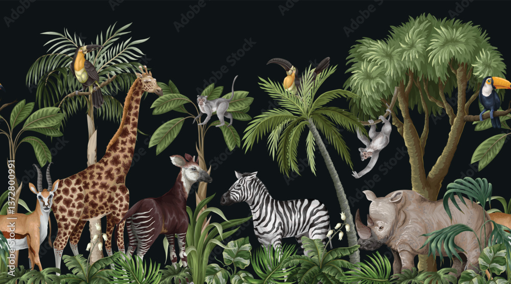 Fototapeta premium Mural with jungle animals and trees, realistic, cute landscape. Vector.