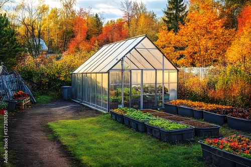 Greenhouse prepared for winter with stored items, set in an autumn garden with colorful trees and empty flowerbeds. Sweden.