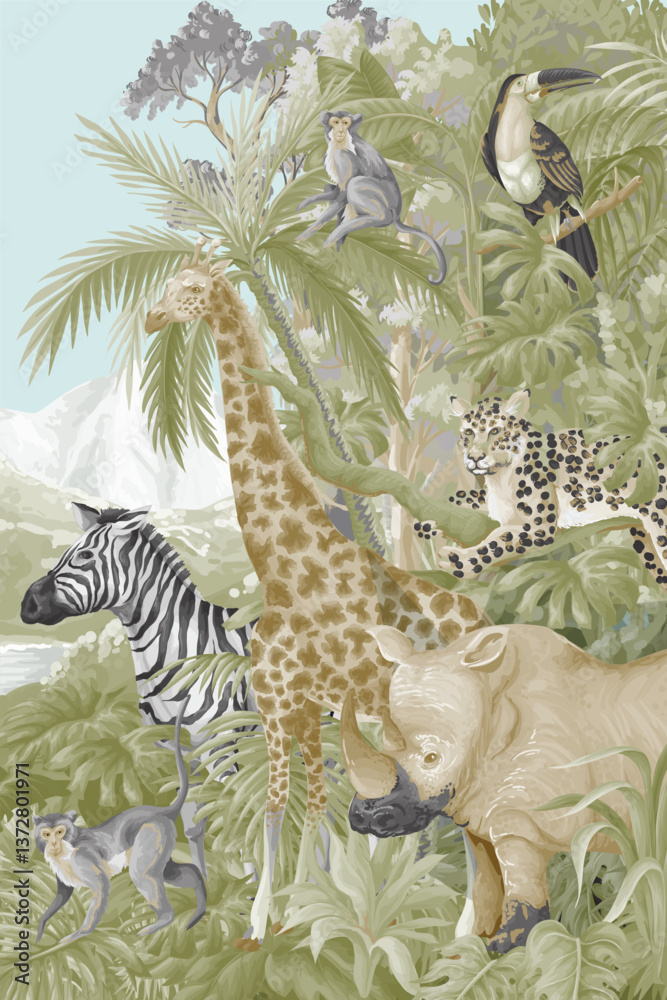 Fototapeta premium Mural with jungle animals and trees, realistic, cute landscape. Vector.
