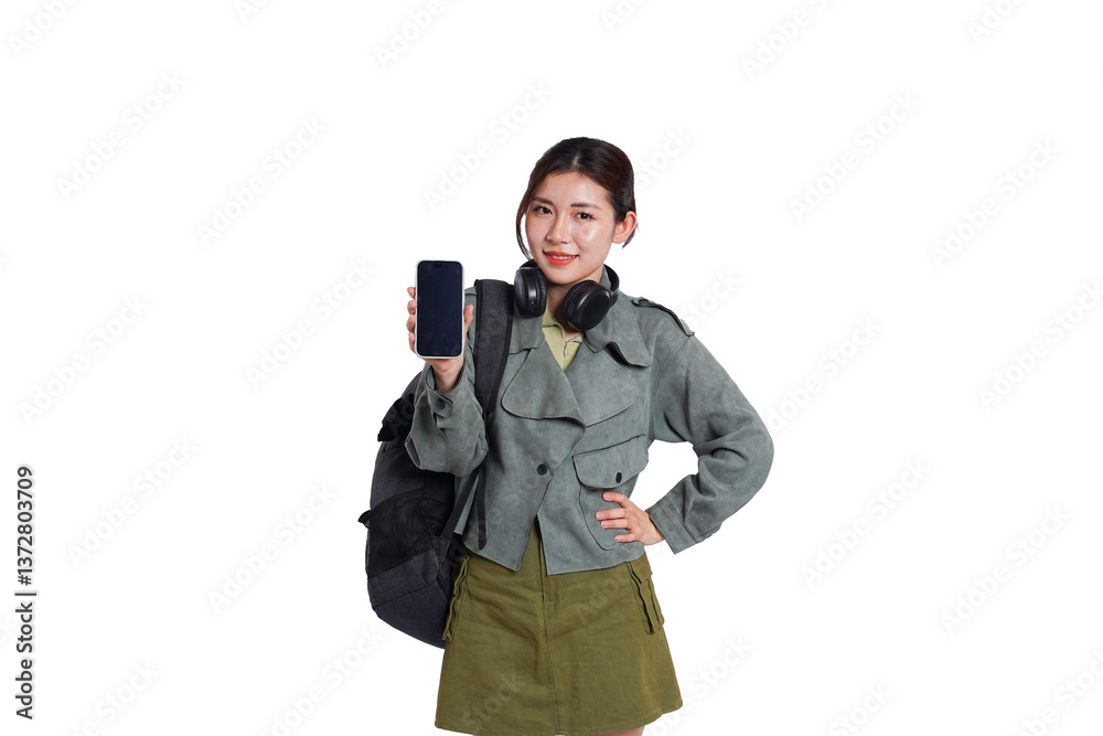 portrait of dynamic asian female student posing on white background portrait of dynamic asian female student posing on white background