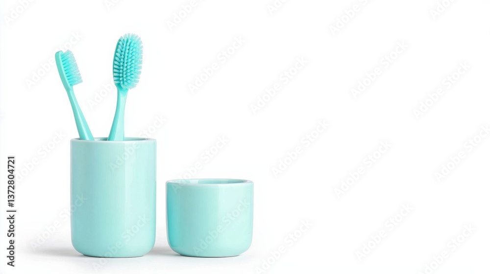 Teal Silicone Toothbrushes in Modern Holder on White Background