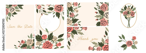 Rose background. Pink flowers and green leaves. Decorative banner, spring summer elegant vertical poster. Bouquet with blossoms. Botanical decoration flyer. Vector cartoon flat isolated illustration