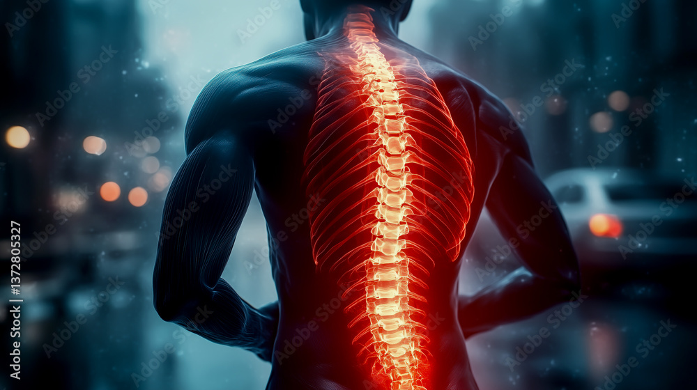 back of a person with pain in the spine. red and yellow areas of inflammation in the back