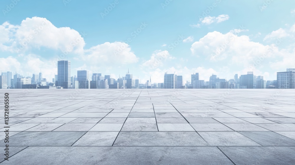 Fototapeta premium Empty marble floor with a city skyline background