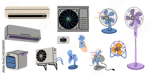 Electric fan and air conditioner. Ventilator rotating propeller, cool air control, climate control. Home appliance. Modern and vintage electrical equipment. Doodle drawing. Vector cartoon illustration